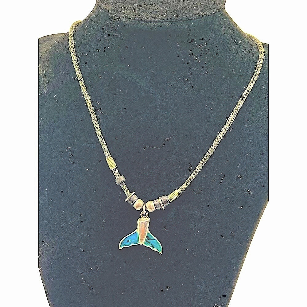 Handcrafted Whale Tail Necklace With Blue Inlay & Beaded Cord For Ocean Lovers - Picture 4 of 6